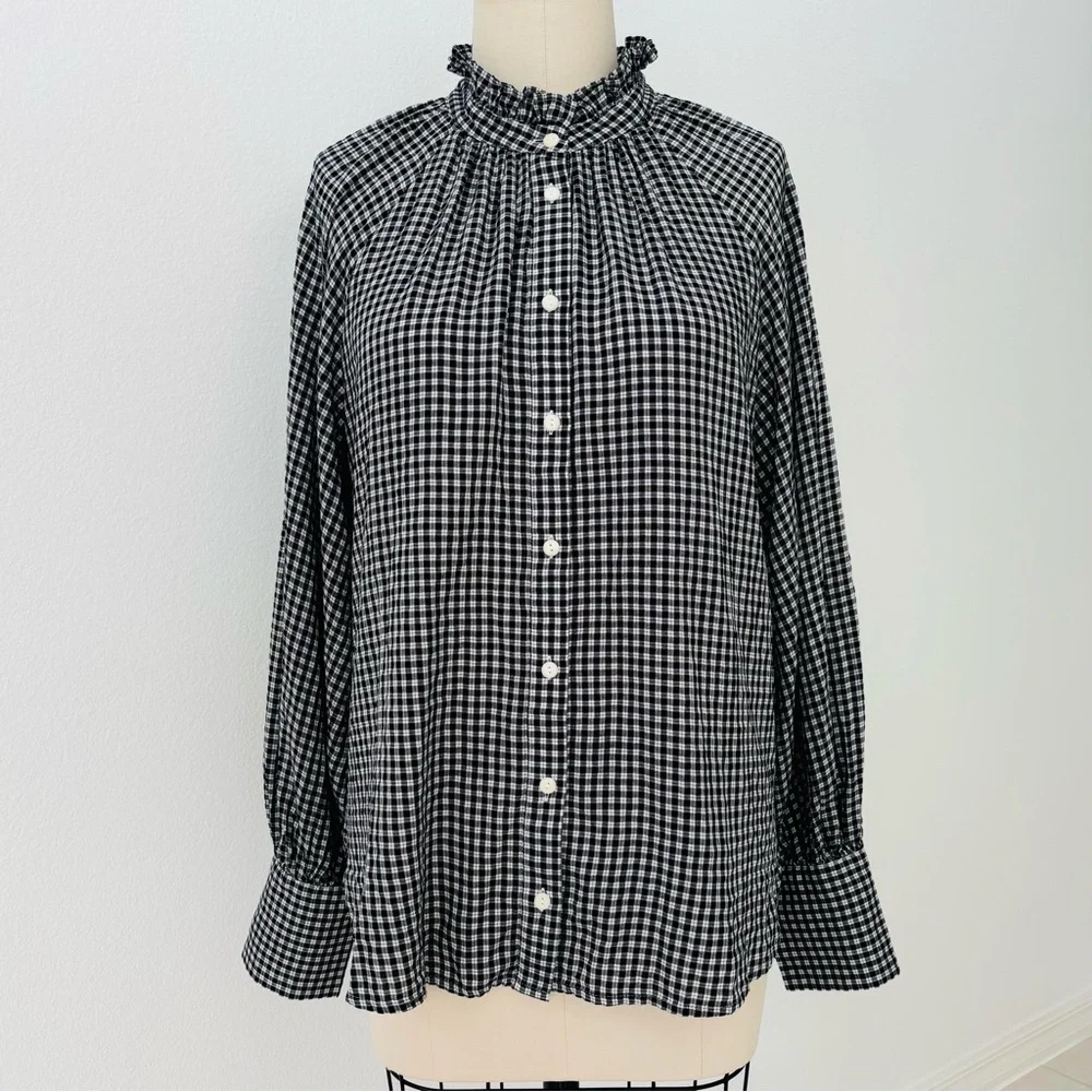 J Crew Ruffle Blouse NWT Black & White Plaid Cotton Blend Cottagecore 10